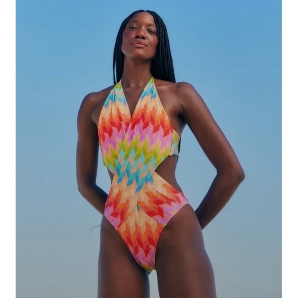 Farm Rio Rainbow Chevron One Piece Swimsuit Cutout Wrap Halter Monokini NWOT L